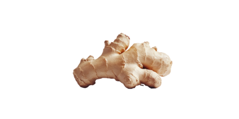 A close-up shot of a single piece of ginger root, showcasing its knobbly, pale beige surface and irregular shape against a black background