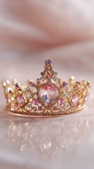 Elegant gold and pink gemstone crown on soft fabric surface