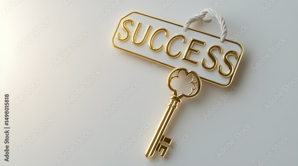 Poster unlocking success a closeup of a shiny golden key with the word success in a minimalist environment