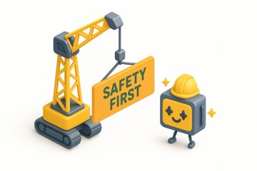 Crane lifting safety banner "SAFETY FIRST" at construction site 3d graphic industrial view
