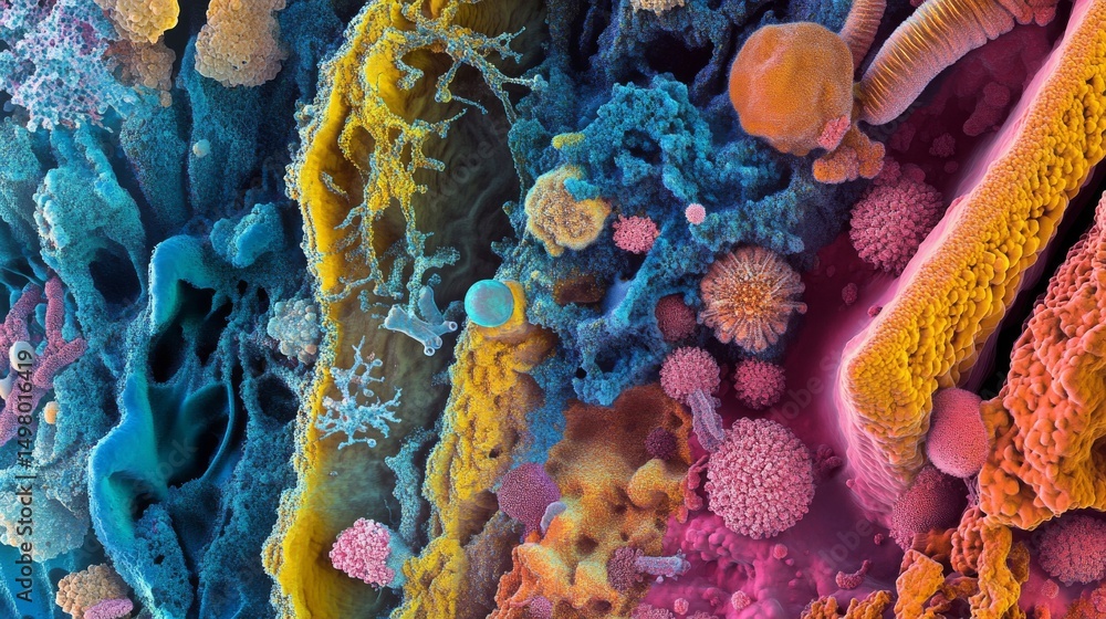 Poster microscopic view of diverse microorganisms and cellular structures with vibrant colors, abstract sci