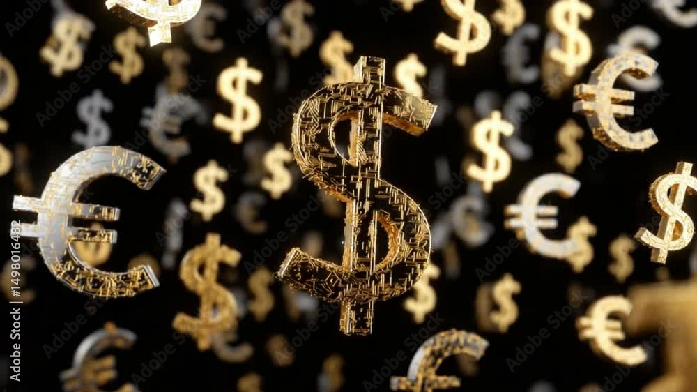 Poster golden currency symbols floating in the dark: a captivating visual of golden dollar and euro signs s