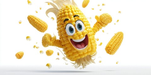 Happy 3D Cartoon Corn Character Jumping with Popping Kernels on White Background