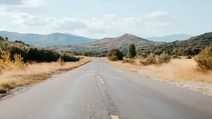 A road sign with a crosswalk symbol is standing in the middle of a road. The road is empty and the sky is clear. - Powered by Adobe