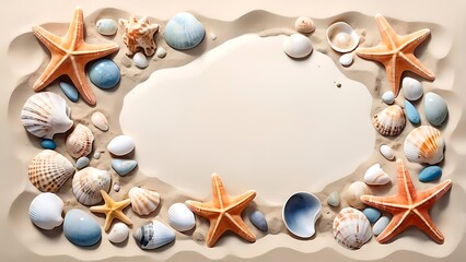 Minimal summer illustration, beach composition with seashells, starfish and pebbles on sand. Copy space background.