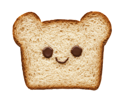 A slice of toasted bread shaped like a bear, featuring chocolate-drizzled eyes and a smiling mouth