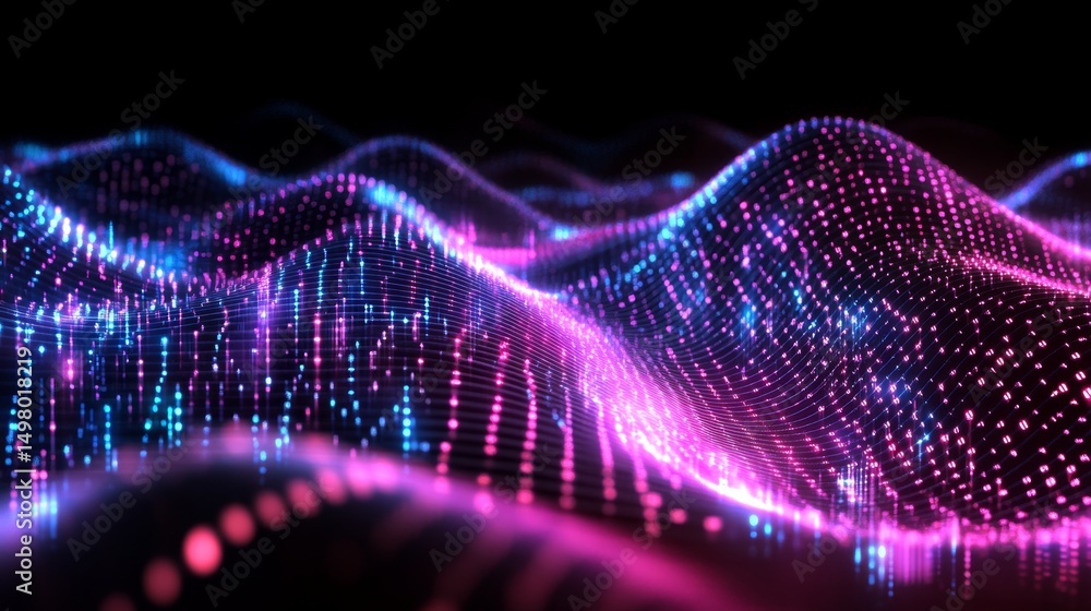 Poster dynamic cybernetic waveforms virtual realm digital art futuristic environment aerial perspective lum