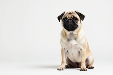 Obraz premium Adorable pug dog sits alone against white background, breed, background, animal