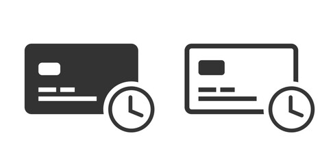 Payment wait delay icon line stroke, bank debit card with clock recurring status sign symbol thin linear simple pictogram, money cash transaction transfer awaiting authorization solid image clip art
