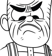 Grumpy Old Man Cartoon: An angry old man character with furrowed brow and pursed lips, his expression embodying frustration and discontent in detailed line drawing.