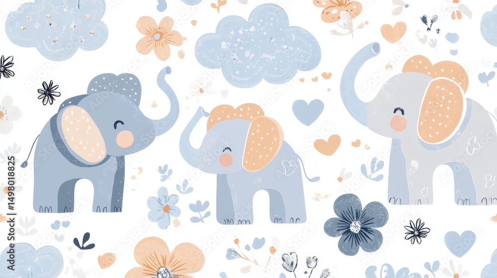 Poster delightful childlike pattern featuring little elephants playful environment digital design cheerful 