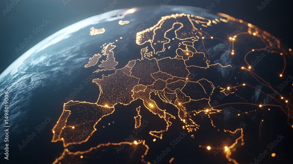 Poster illuminated route mapping across a detailed globe global connectivity digital visualization 3d envir