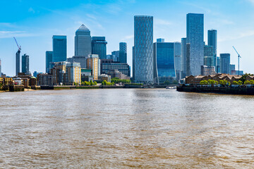View of Canary Wharf and the River Thames in London, England