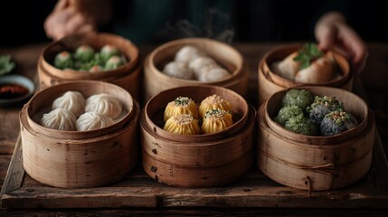 Variety of dim sum in bamboo steamer on wood table