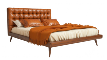 Elegant brown leather bed with cozy orange blanket PNG transparent background
