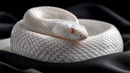 Fototapeta premium Albino snake, reptile, coiled on black satin cloth, velvet fabric background, high contrast lighting, ultra-detailed scales, realistic studio shot, sharp focus