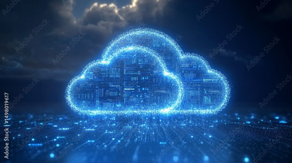 Poster visualizing cloud computing digital environment showcasing data infrastructure in a virtual space fu