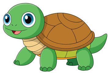 Smiling Cartoon Turtle with Brown Shell, Green Limbs and Big Blue Eyes