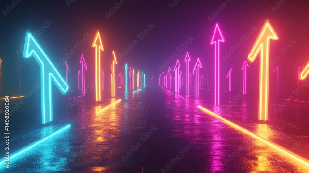 Poster digital navigation event neon arrow pathway virtual environment futuristic concept illuminated persp