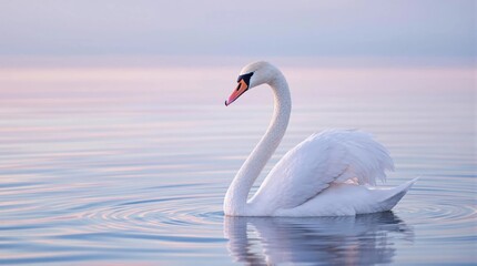 Obraz premium A swan is swimming in a body of water