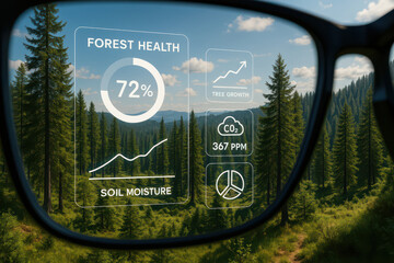 Augmented Reality Forest Health Analytics Displayed Through Smart Glasses, Showing Soil Moisture and CO₂ Levels