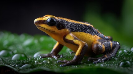 Fototapeta premium Golden poison dart frog, amphibian, resting on wet leaf, dark rainforest background, high contrast lighting, ultra-detailed skin texture, realistic studio shot, sharp focus