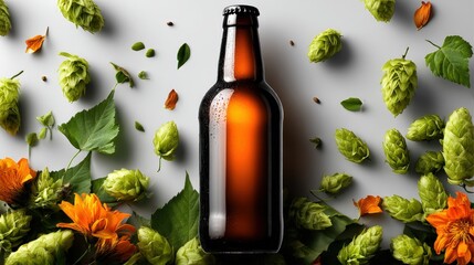 Dark amber beer bottle with hops and barley on a clean backdrop