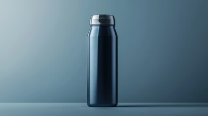 Elegant blue metal water bottle with silver top on blue background.