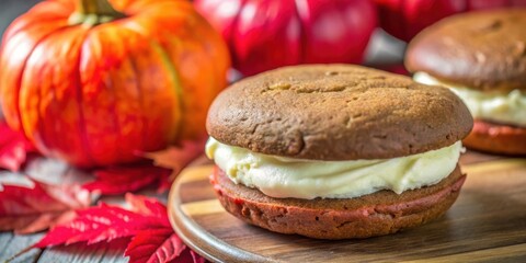 Pumpkin Spice Whoopie Pies with Cream Cheese Frosting on Rustic Wooden Board Surrounded by Autumn Leaves