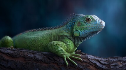 Obraz premium Green iguana, reptile, gripping tree bark, tropical dusk background, dark gradient tones, photo-realistic detail, high contrast lighting, studio-style sharpness