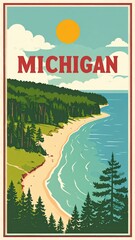 Vintage michigan travel poster featuring coastline and forest under sunny sky