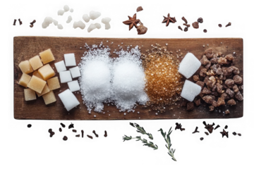 Variety of sugars and spices on wooden board
