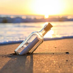 Message in a bottle on sandy beach at sunset with ocean waves in background