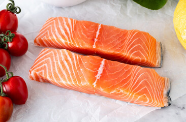 Pieces of fresh raw salmon on the table. Cooking fish