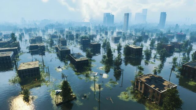 Flooded Cityscape Aftermath: Aerial View of Submerged Buildings, Trees, and Power Lines, Representing Climate Change and Natural Disaster Devastation