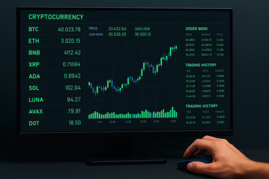 Candlestick cryptocurrency price chart with coin symbols, market prices, and trade history on a dark monitor screen
