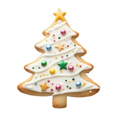 Festive christmas tree cookie decorated with white icing and colorful sprinkles isolated on white background