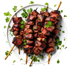 Delicious Grilled Meat Skewers Presented On White Plate With Green Garnish On Transparent Background