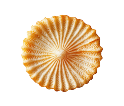 Close-up of a pale yellow, circular, fluted pastry, showing intricate radial lines emanating from the center, suggesting a delicate, possibly baked, confection