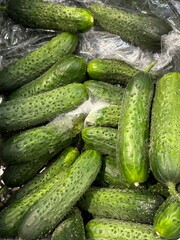 Pimpled cucumbers in a box on the market. Vertical. Spoiled cucumbers with mold