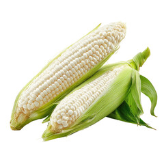 Two ears of white corn, still in their husks, rest on a dark background.  The kernels are plump and appear fresh, with vibrant green husks partially opened to reveal the corn