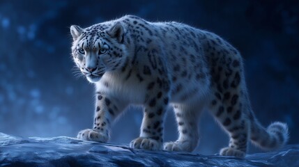 Snow leopard, mammal, walking on ice-covered rock, dark glacier cave background, blue-tinted lighting, ultra-realistic fur, sharp contrast, studio-style image