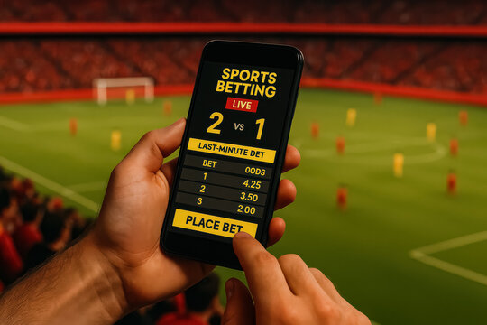 Live football betting screen on smartphone during stadium match with visible odds and score