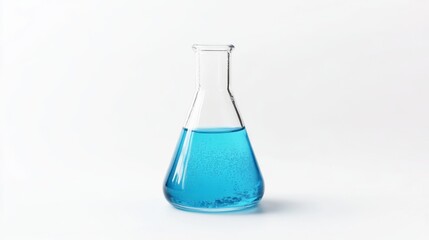 Conical flask filled with light blue liquid chemical solution isolated on white background in laboratory setting

