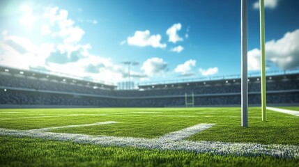 Obraz premium Low angle perspective football field and goalposts in bright daylight sports event photography