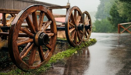 Obraz premium wooden cart wheels display rustic charm on a rainy day