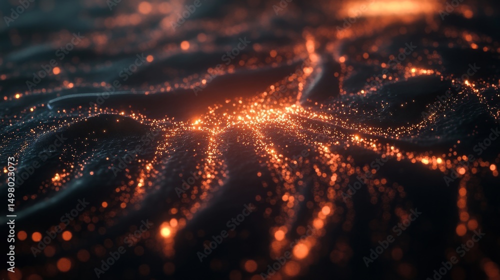 Poster exploring the evolution of machine learning through futuristic abstract visuals in a digital environ