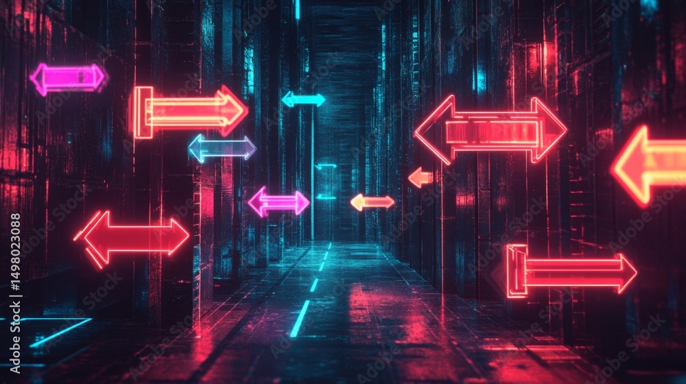 Poster futuristic digital arrows pointing through a neon alley virtual environment abstract concept for mod