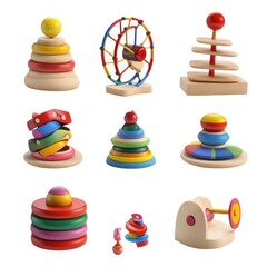 Collection of colorful wooden toys isolated on white background