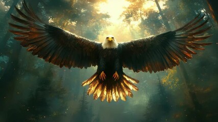 Majestic bald eagle soaring through the forest wallpaper background nature wildlife bird art design